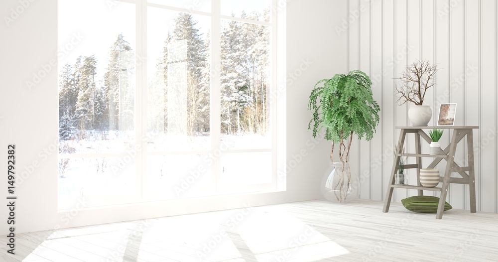 White empty room with winter landscape in window. Scandinavian interior design. 3D illustration