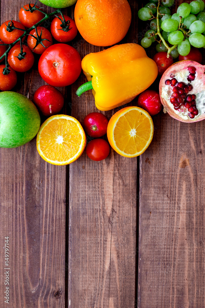 cooking salad with fresh fruits and vegetables on wooden background top view mock-up