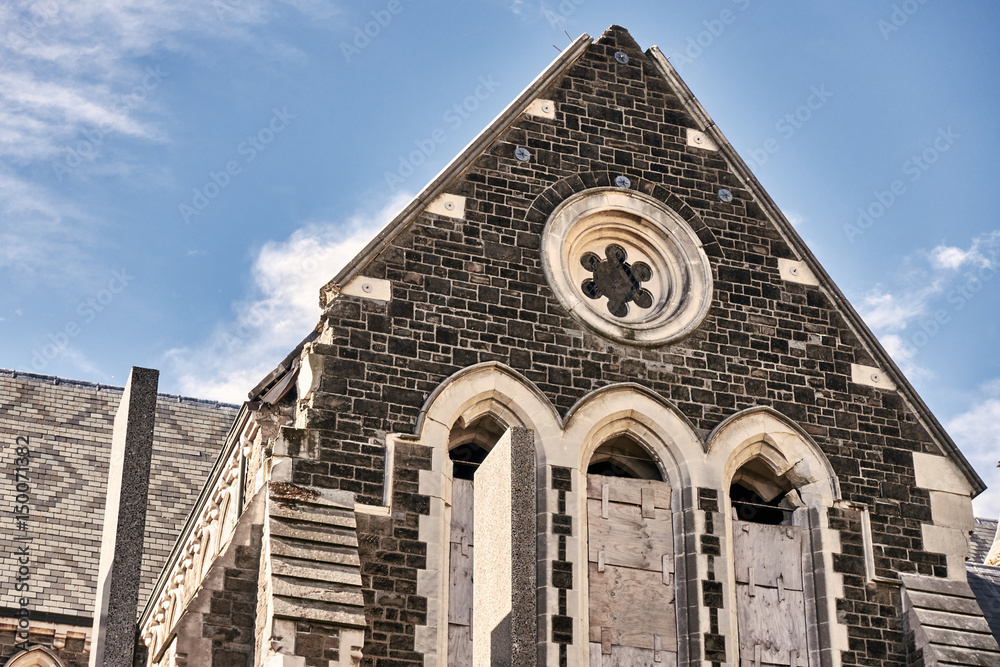 view of the Cathedral damaged nave with the steel structure preventing the rest of the stone body fr