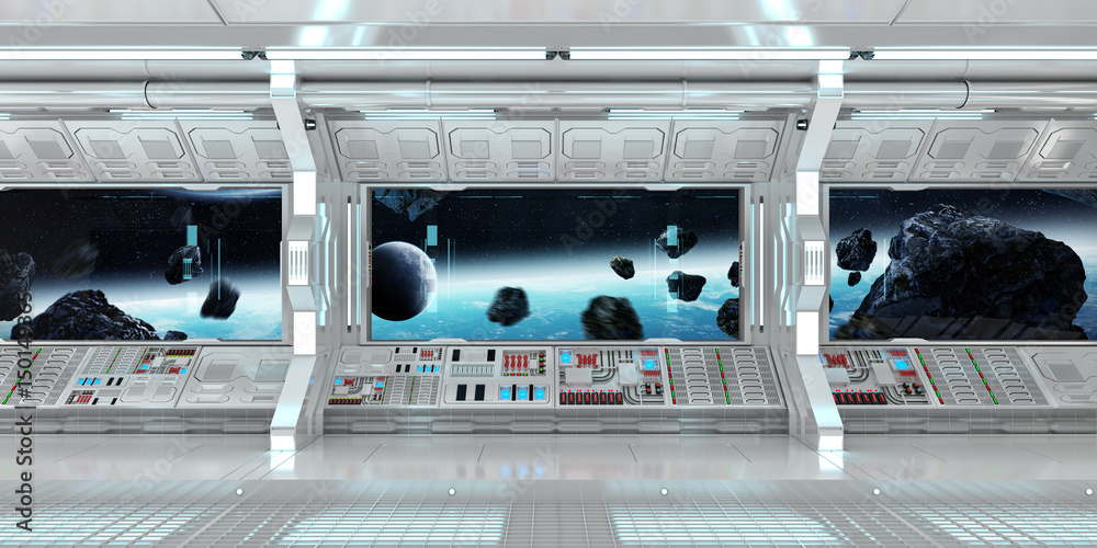 Spaceship interior with view on the planet Earth 3D rendering elements of this image furnished by NA