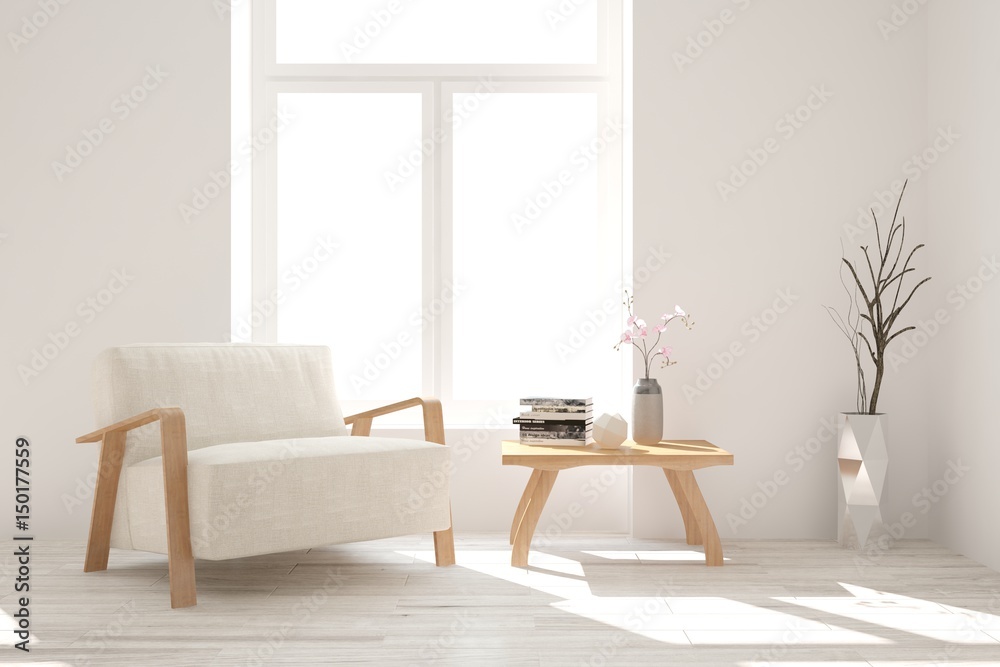 White modern room with armchair. Scandinavian interior design. 3D illustration