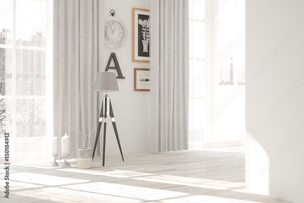 White empty room. Scandinavian interior design. 3D illustration