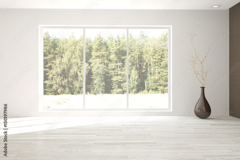 White empty room with green landscape in window. Scandinavian interior design. 3D illustration