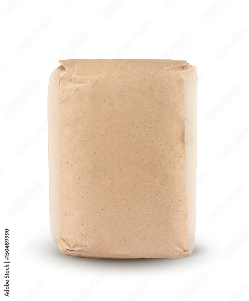 Flour package in brown paper. Kraft paper. Package for sugar or salt isolated on white background wi