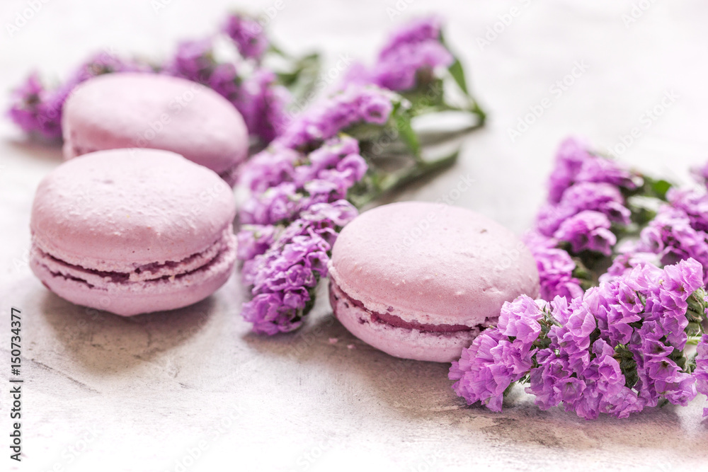 spring woman breakfast with macaroons and mauve flowers white background