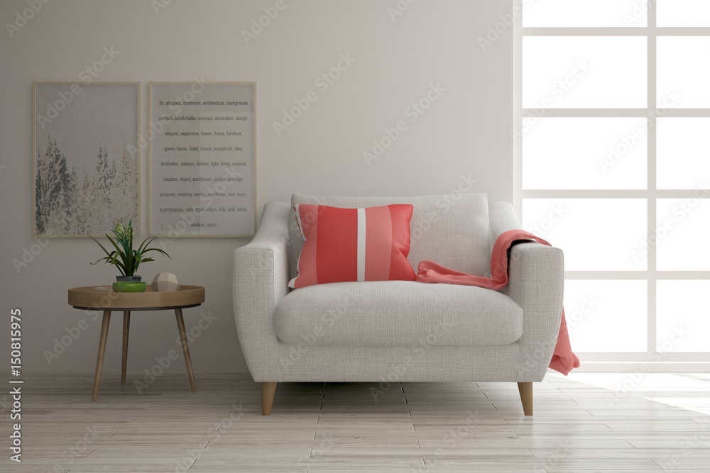 White modern room with armchair. Scandinavian interior design. 3D illustration