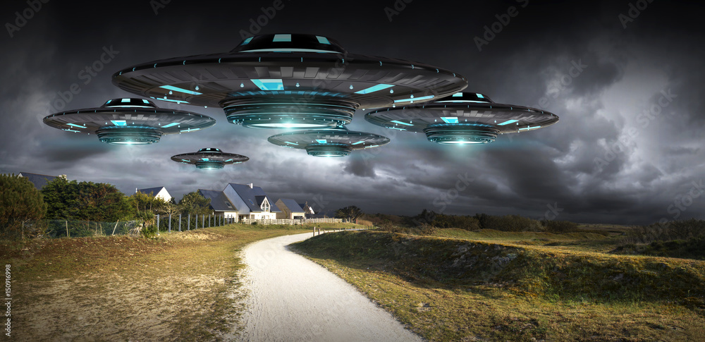 UFO invasion on planet earth landascape 3D rendering