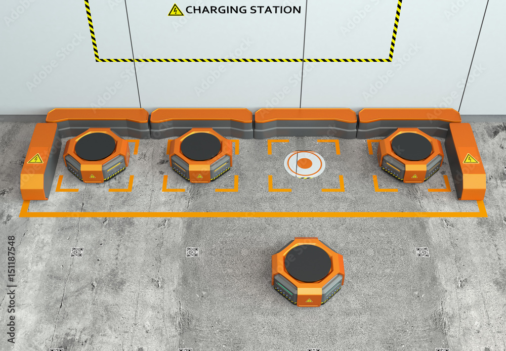 仓库机器人在充电站充电。先进的仓库机器人技术概念。3D re