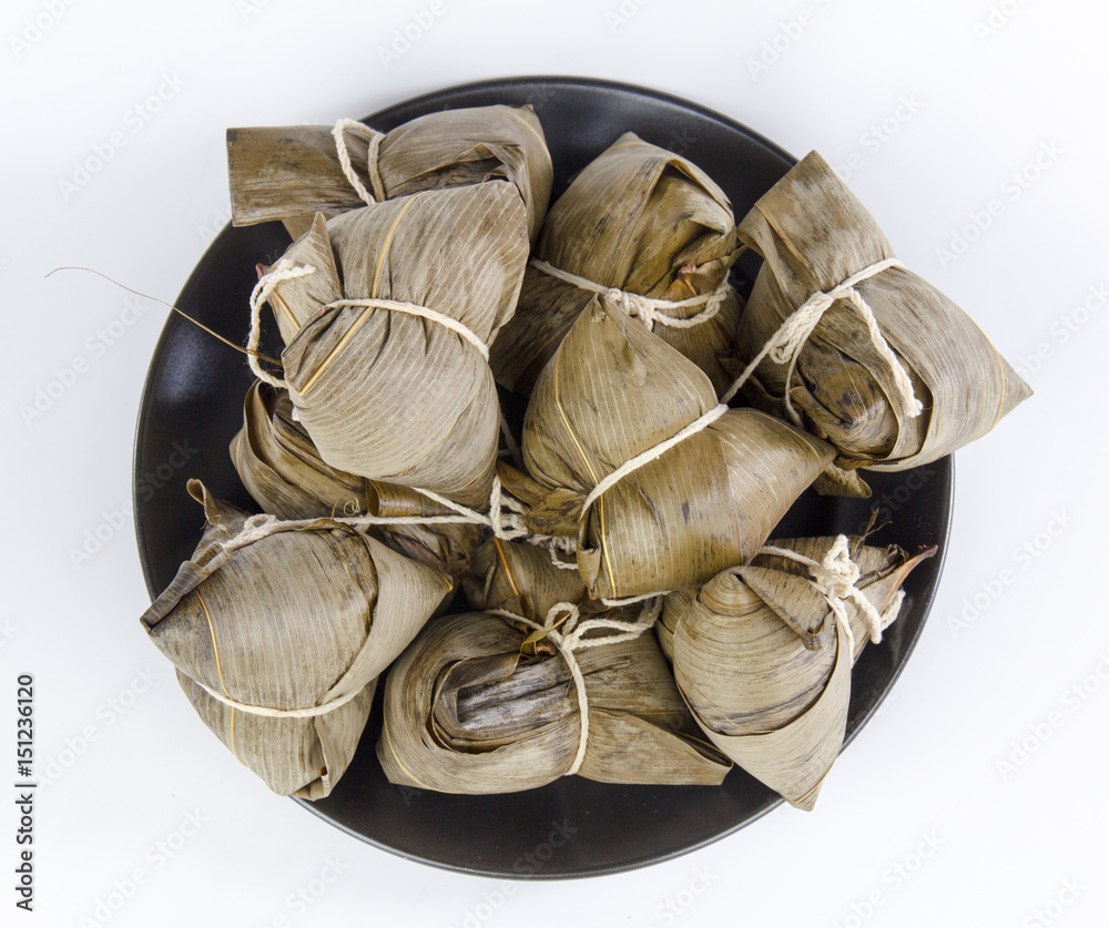 Chinese traditional food zongzi,glutenous rice dumplings, dragon boat festival food isolated on whit