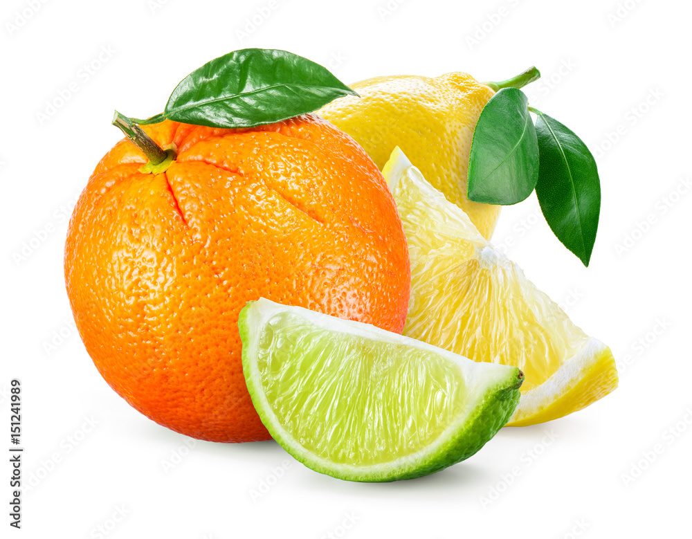 Citrus Fruit. Composition with leaves isolated on white background. Orange, lemon, lime.