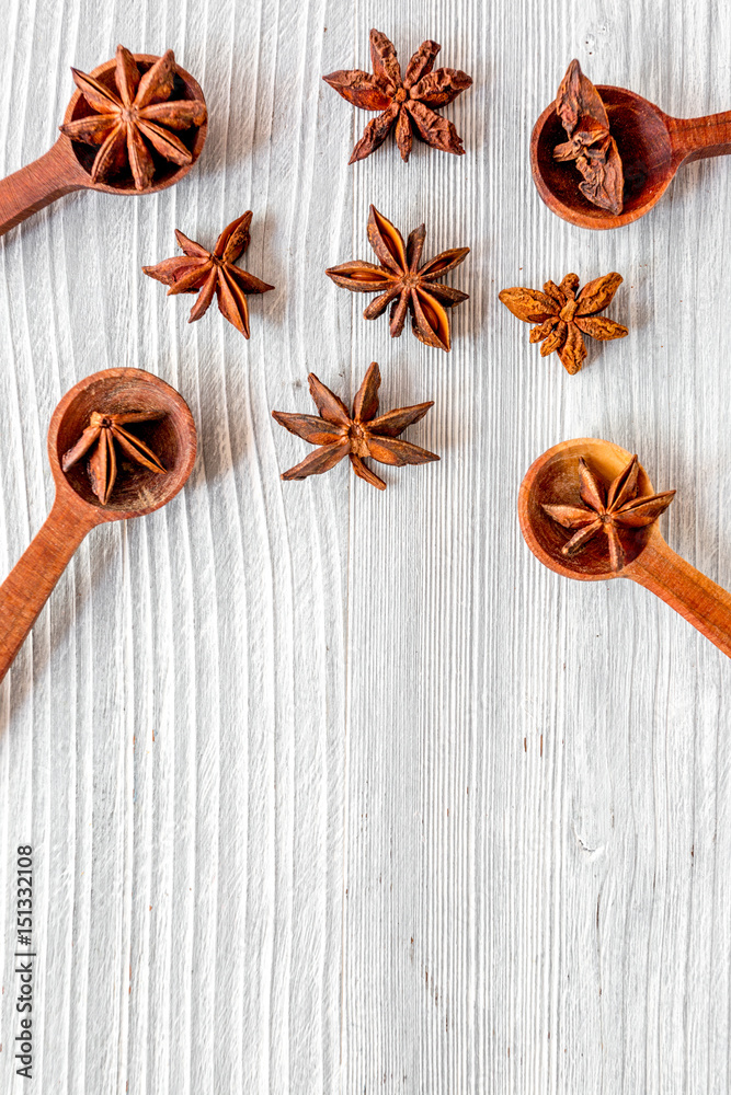 Dry colorful spices, vanilla on kitchen light table background top view mockup