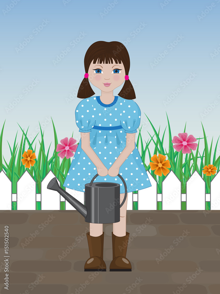 cute girl with a watering can stands in the garden