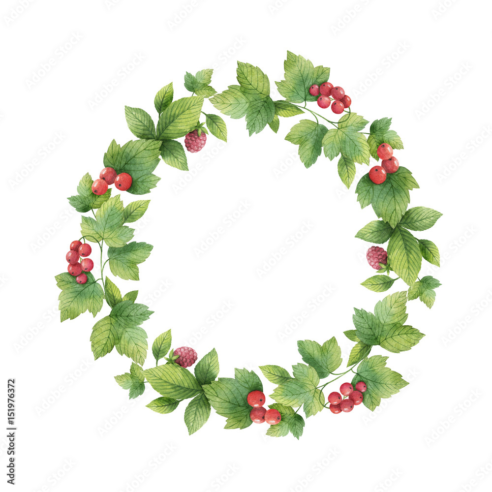 Watercolor hand painted round wreath with Currants.