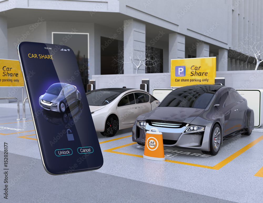 Car share parking lot and smartphone app for sharing. Using the car share app to unlock the car. 3D 