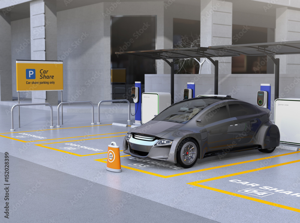 Autonomous vehicle in parking lot for sharing. Car sharing business concept. 3D rendering image.