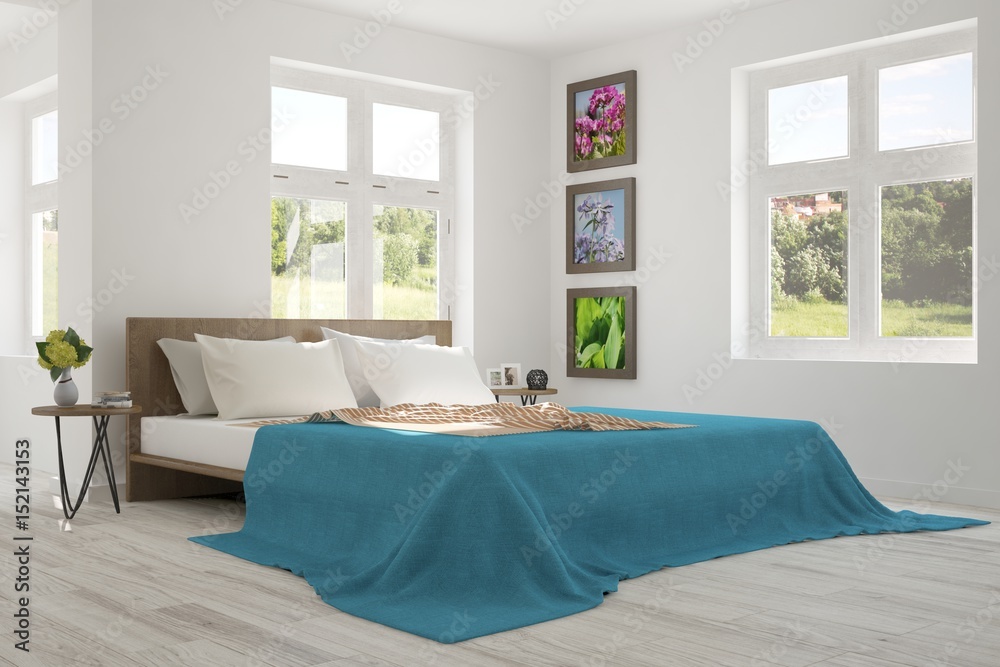 White bedroom with green landscape in window. Scandinavian interior design. 3D illustration