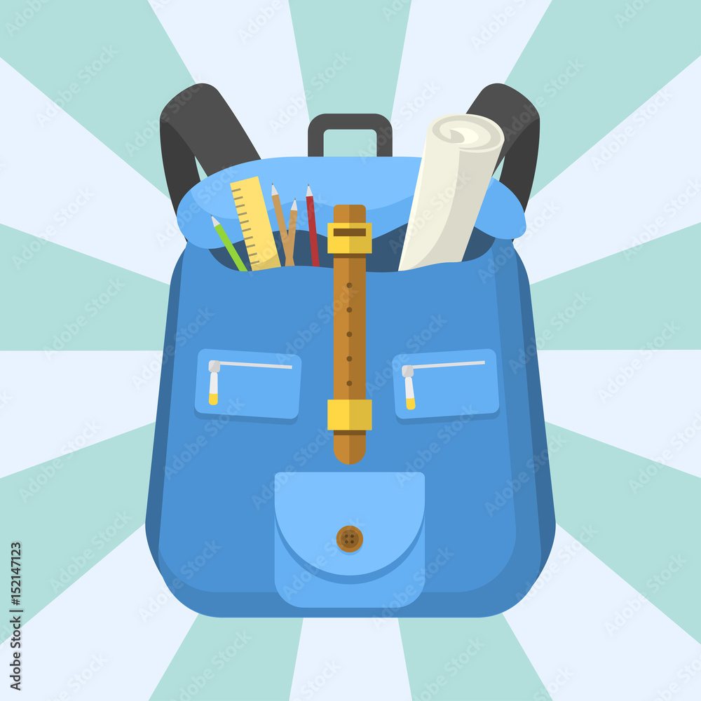 School bag backpack full of supplies children stationary zipper educational sack vector illustration