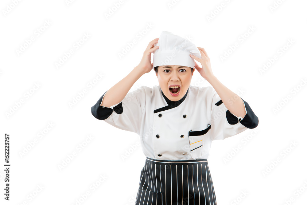 woman chef shocked and grab her head