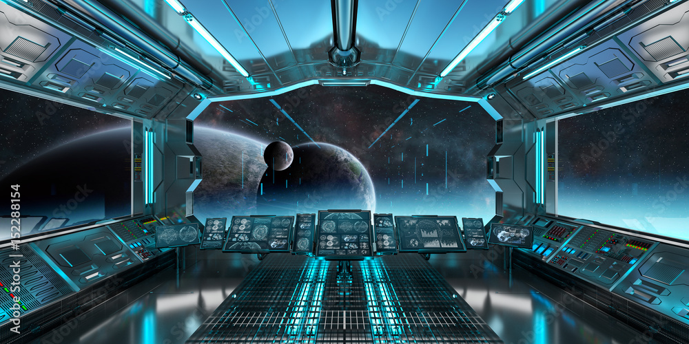 Spaceship interior with view on distant planets system 3D rendering elements of this image furnished