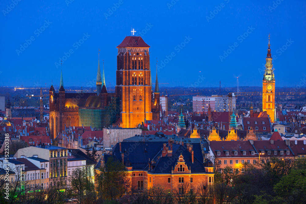 Architecture of Gdansk city centre at night, Poland