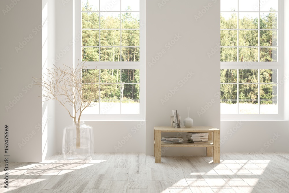 White empty room with green landscape in window. Scandinavian interior design. 3D illustration