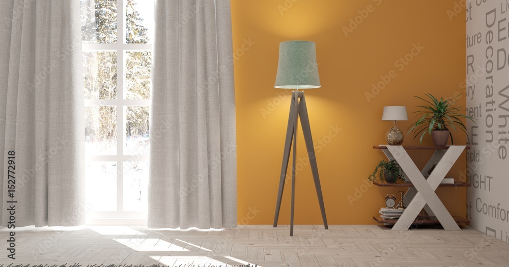 Orange modern room with lamp. Scandinavian interior design. 3D illustration