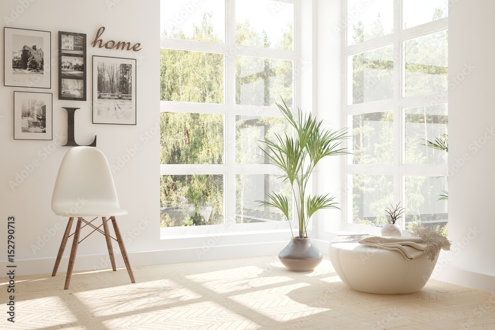 White room with chair and green landscape in window. Scandinavian interior design. 3D illustration