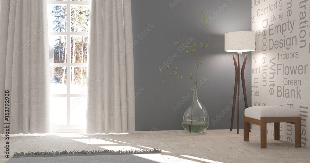 White empty room with winter landscape in window. Scandinavian interior design. 3D illustration