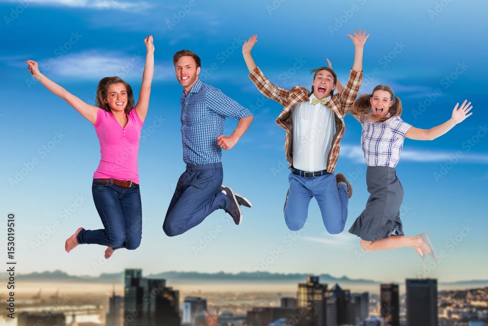 Composite image of full length of friends jumping