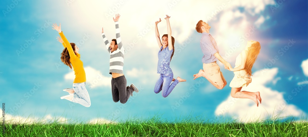 Composite image of happy friends jumping