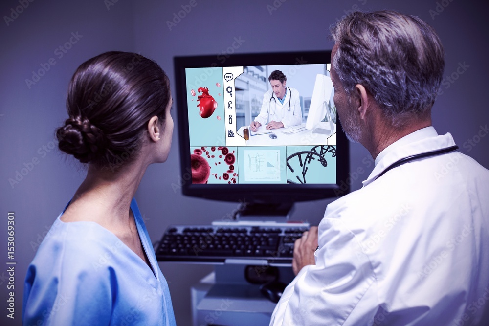 Composite image of uniformed doctor analyzing the heart