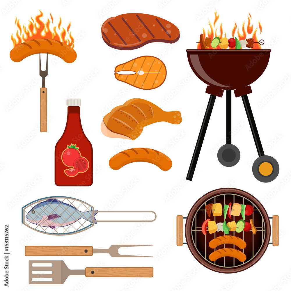 Vector set of barbecue grill icons. BBQ design elements. 