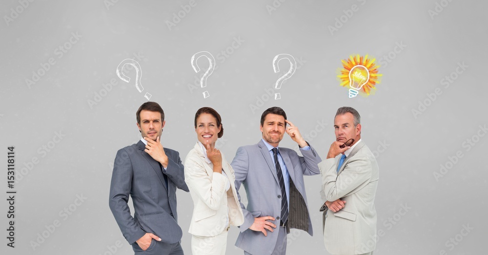 Business people with question marks and light bulb