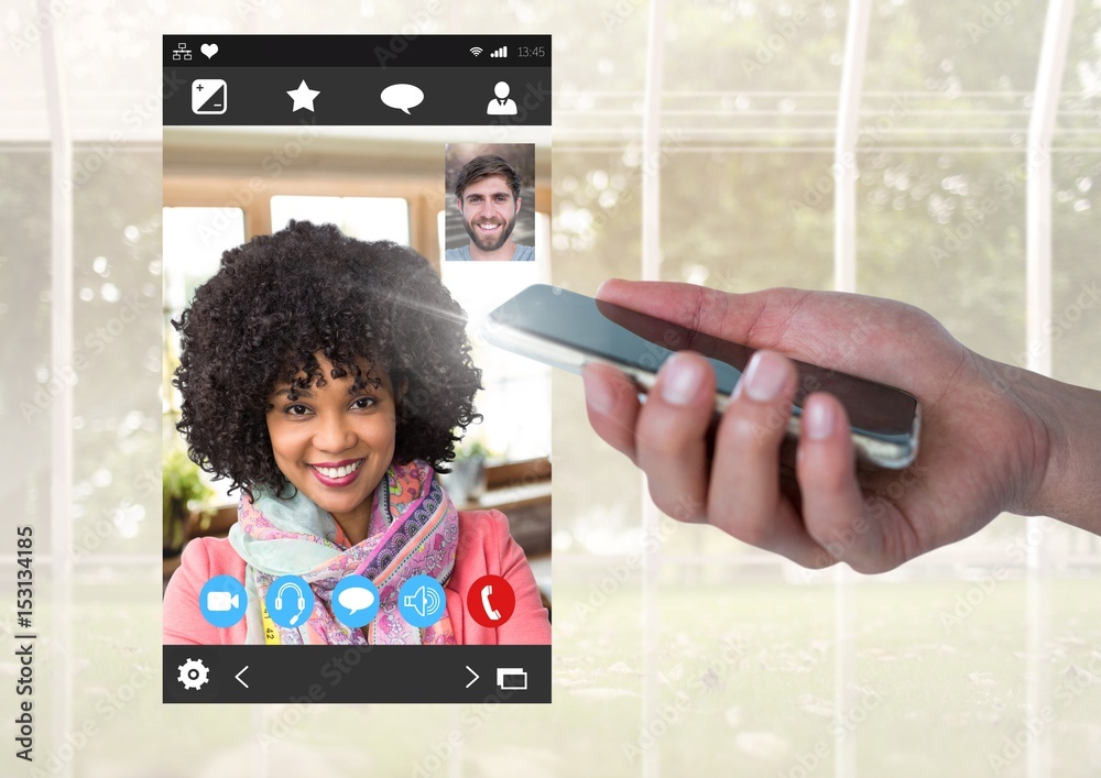 Hand with mobile phone and Social Video Chat App Interface