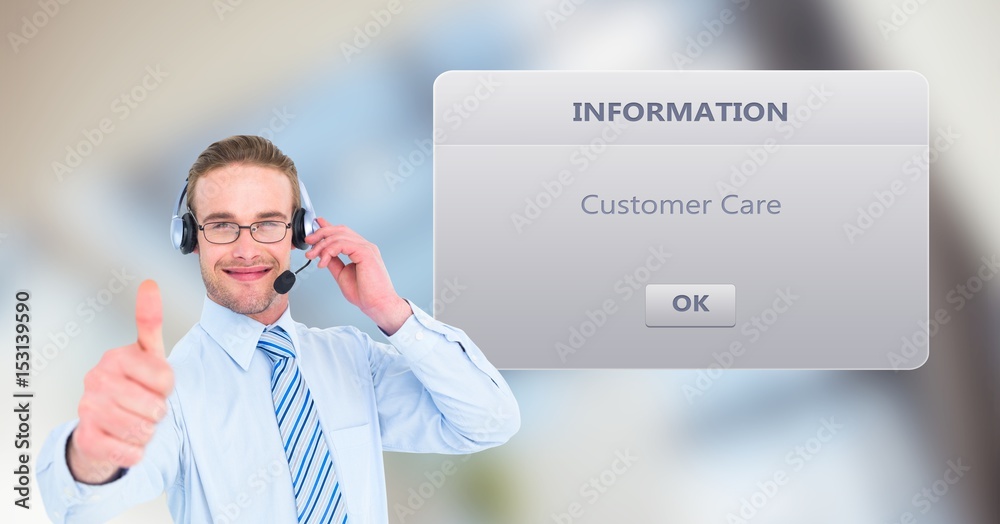 Customer support executive showing thumbs up by dialog box