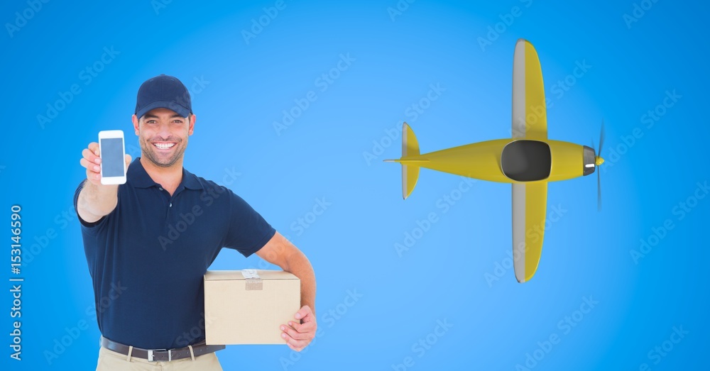 Delivery man showing smart phone with airplane 