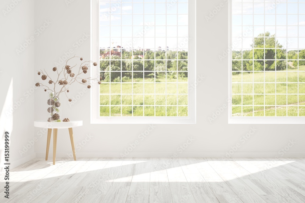 White empty room with green landscape in window. Scandinavian interior design. 3D illustration