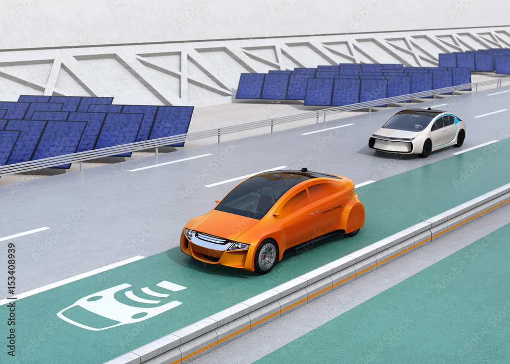 Electric car driving on the wireless charging lane of the highway.  Solar panel station on the roads