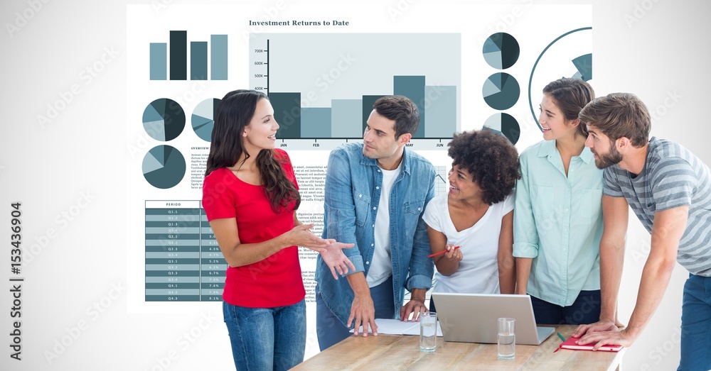 Hippie business people discussing against graphs