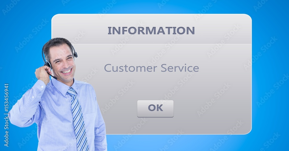 Customer service representative using headset by dialog box