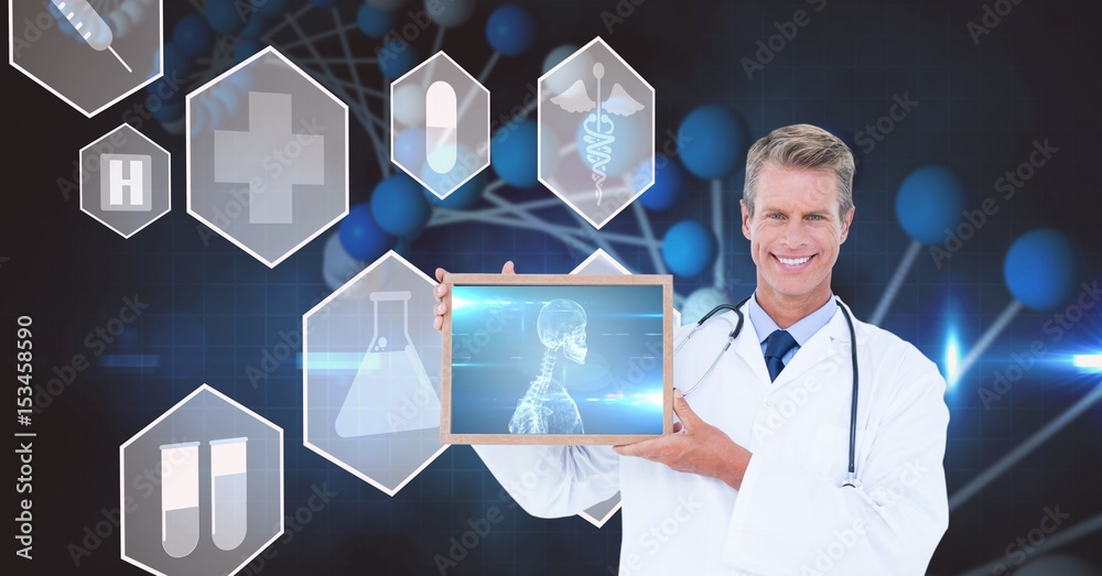 doctor showing x-ray on screen over futuristic screen