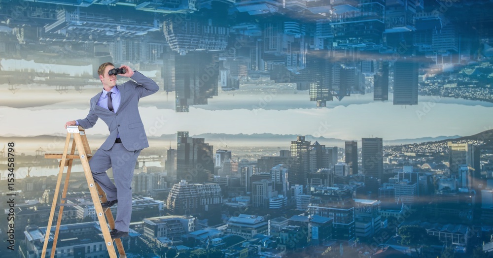 Businessman using binoculars on ladder 