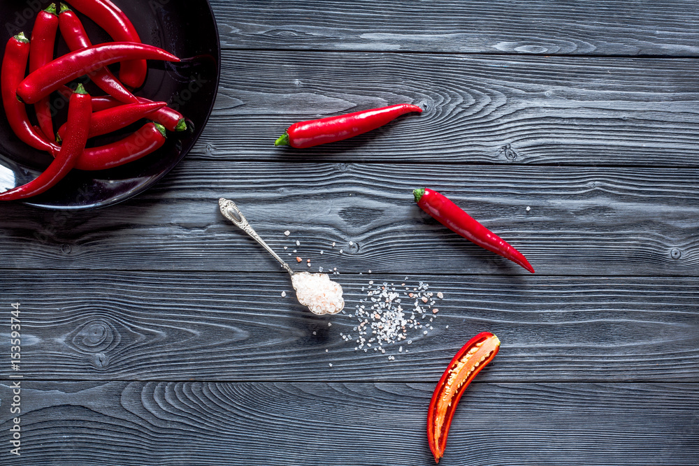 hot food with red chili on wooden table background top view mock up