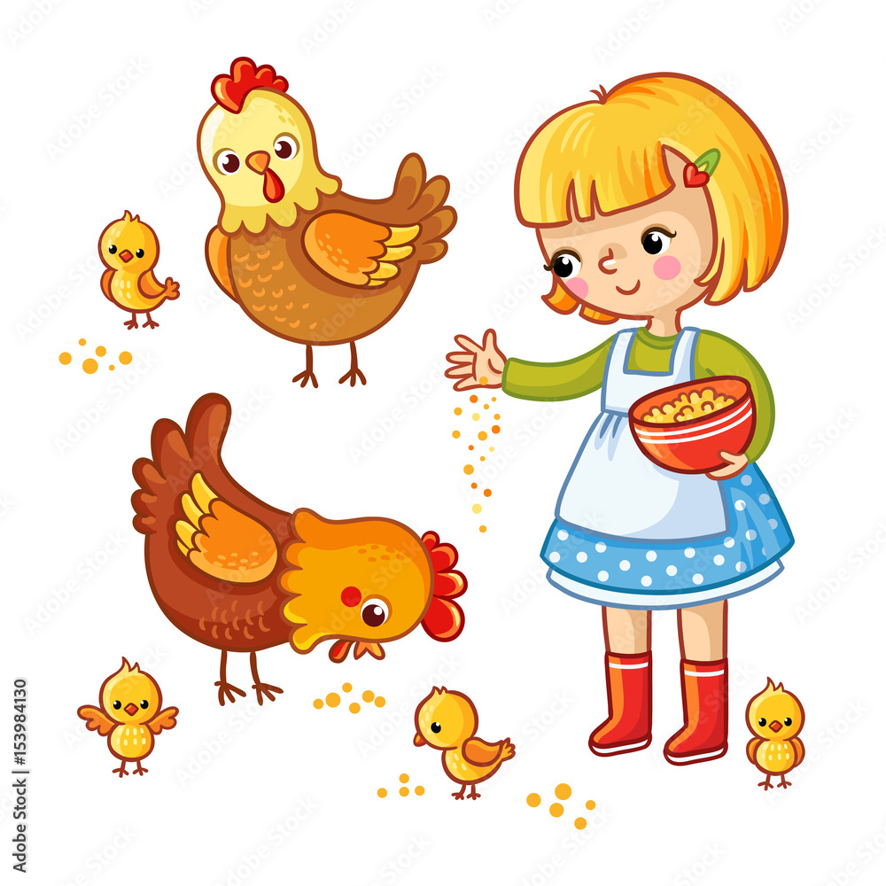 Girl feeding hens and chickens on a white background. Vector illustration in children`s, cartoon sty