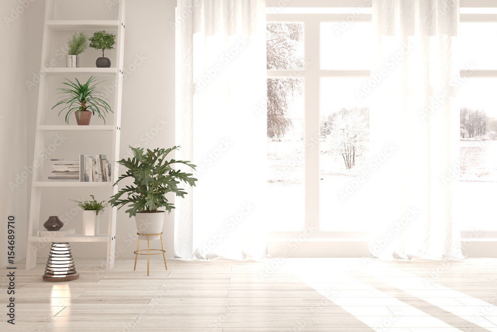 White empty room. Scandinavian interior design. 3D illustration