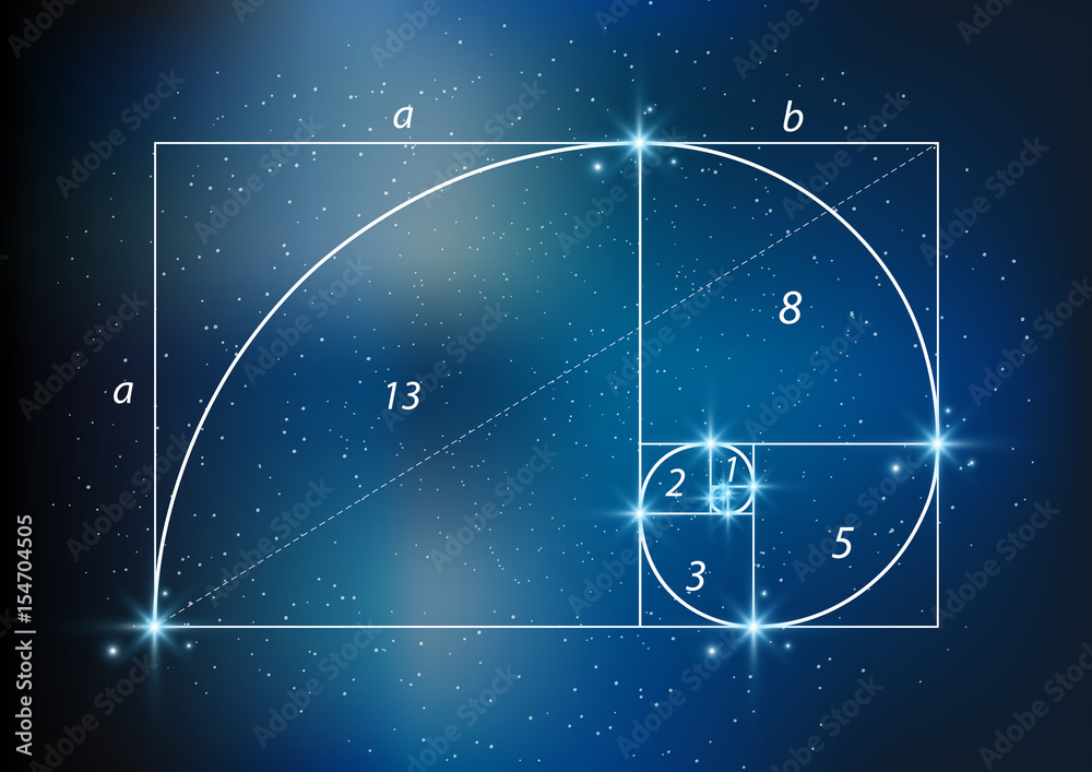 黄金分割（比例，神圣比例）和星空上的金色螺旋，矢量透明