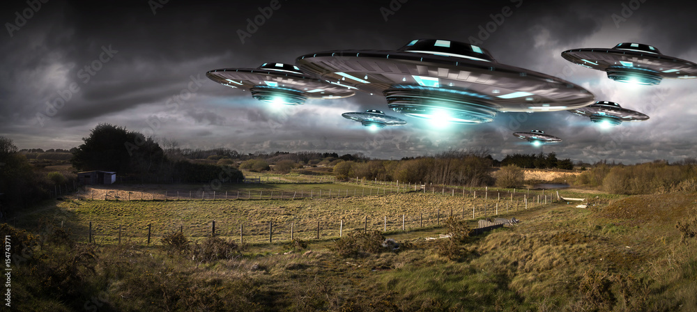 UFO invasion on planet earth landascape 3D rendering