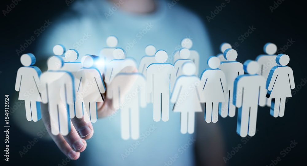 Businessman touching 3D rendering group of people with his finger