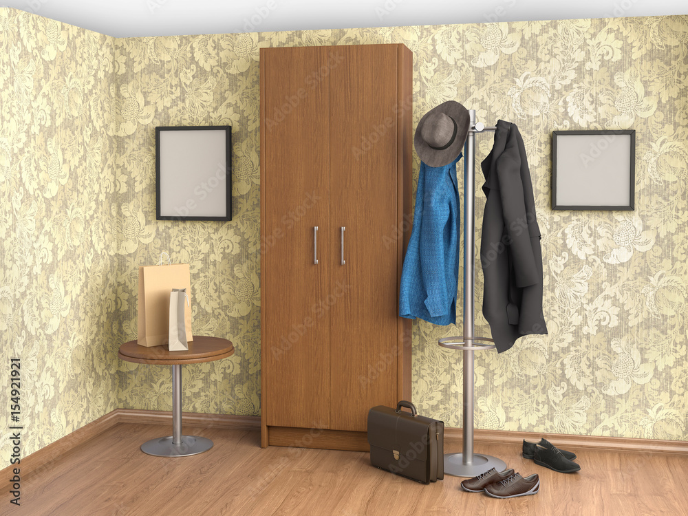 room with, hanger floor, shoes, clothes, cupboard, table, 3d illustration