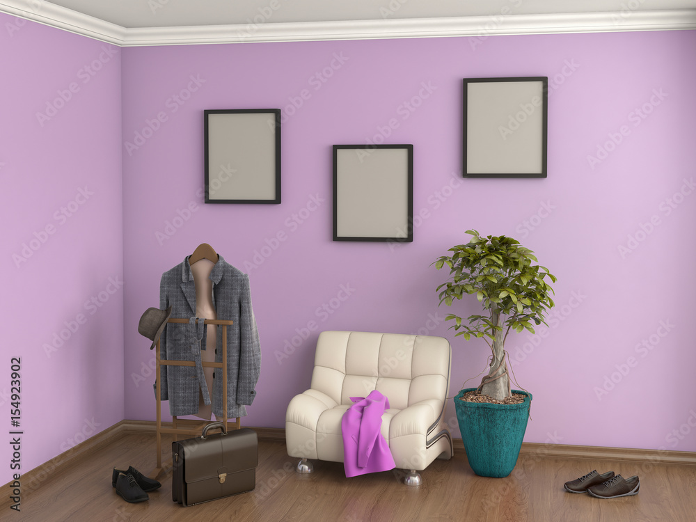 room with armchair, clothes, shoes, plant, 3d illustration